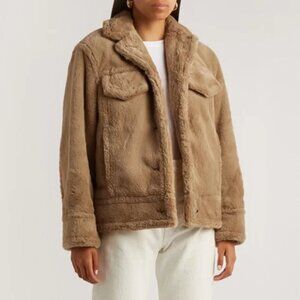 Vince Size XXS Trucker Shirt Jacket Faux Fur Button Up Sand Dollar Brown Tan